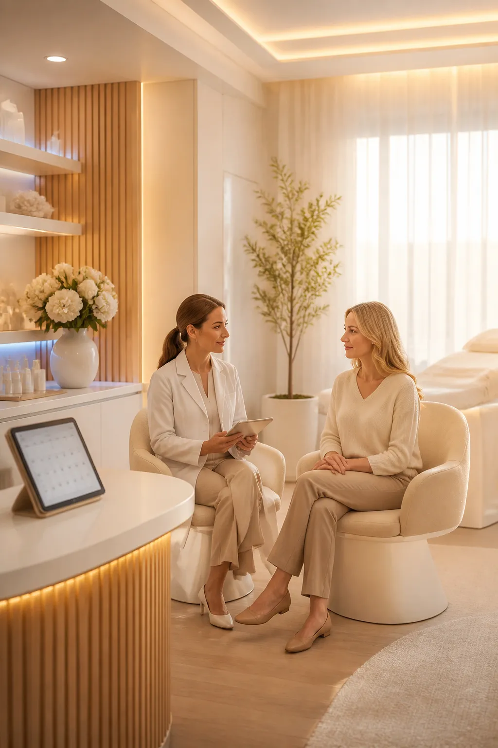 Cosmetic dermatology clinic reception area with a scheduling tablet