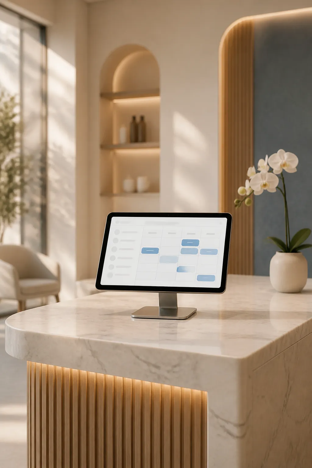 Cosmetic dermatology reception desk with scheduling tablet showing open appointment slots