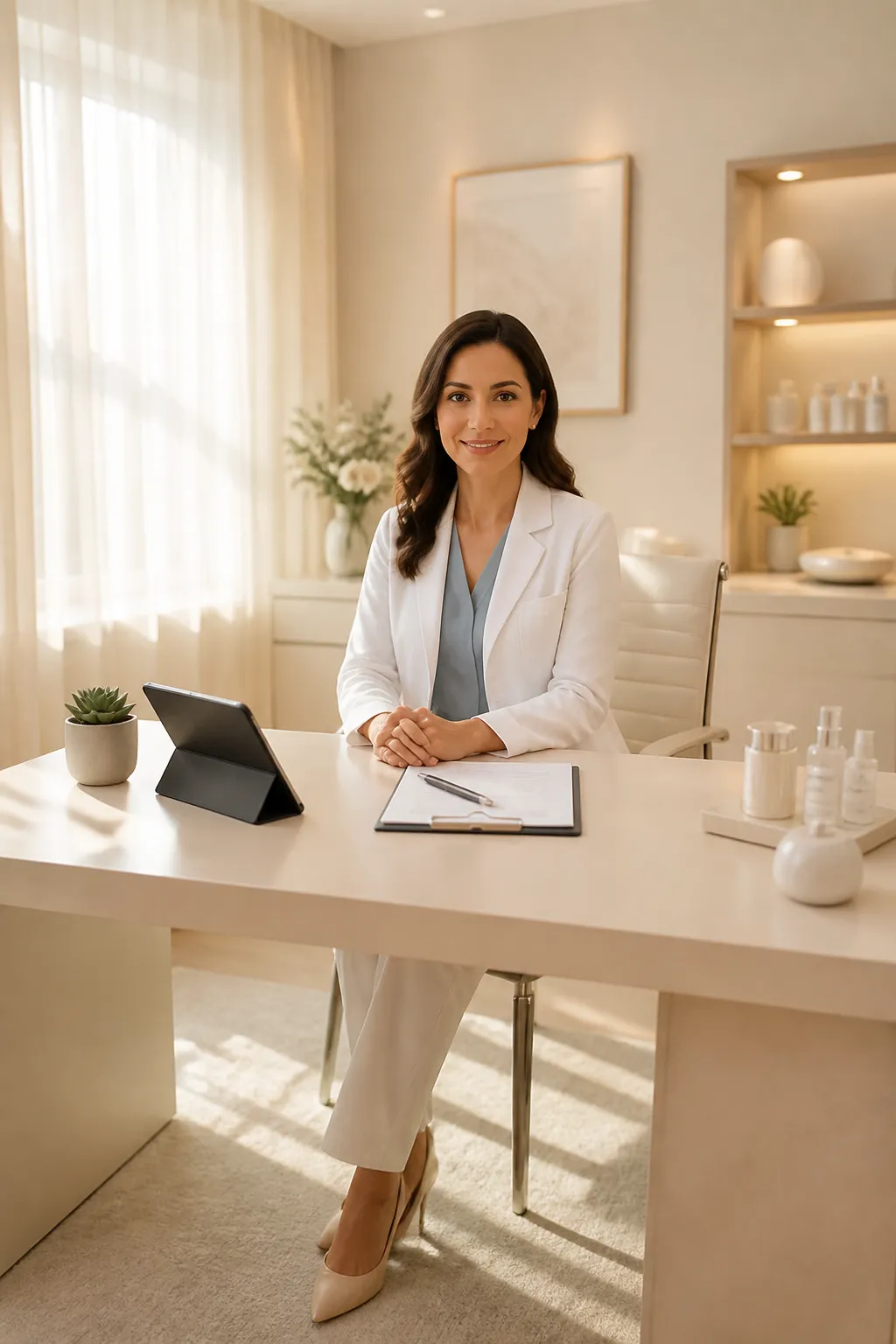 Serene cosmetic dermatology consultation suite with soft natural light