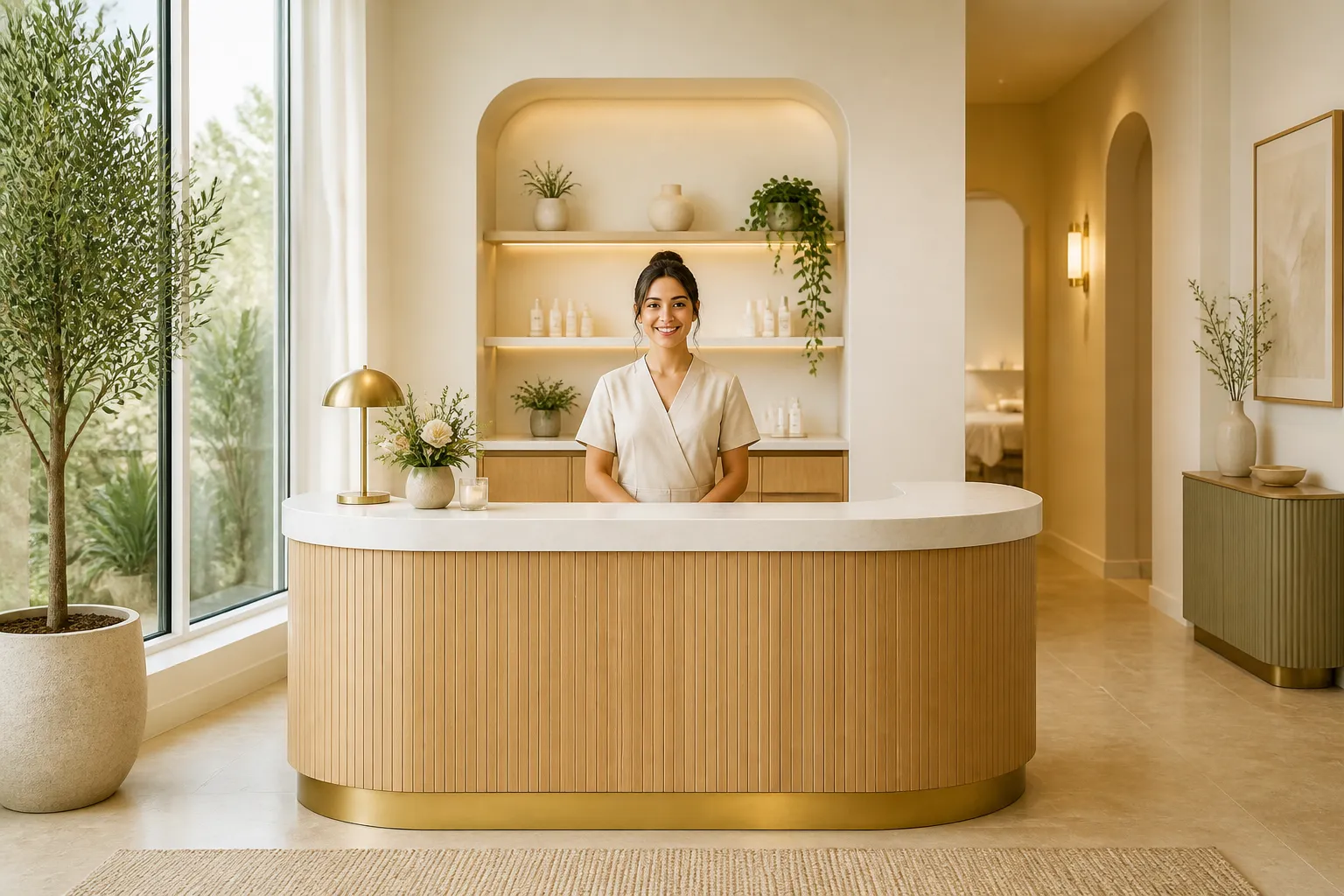 Cosmetic dermatology clinic reception with a welcoming front desk